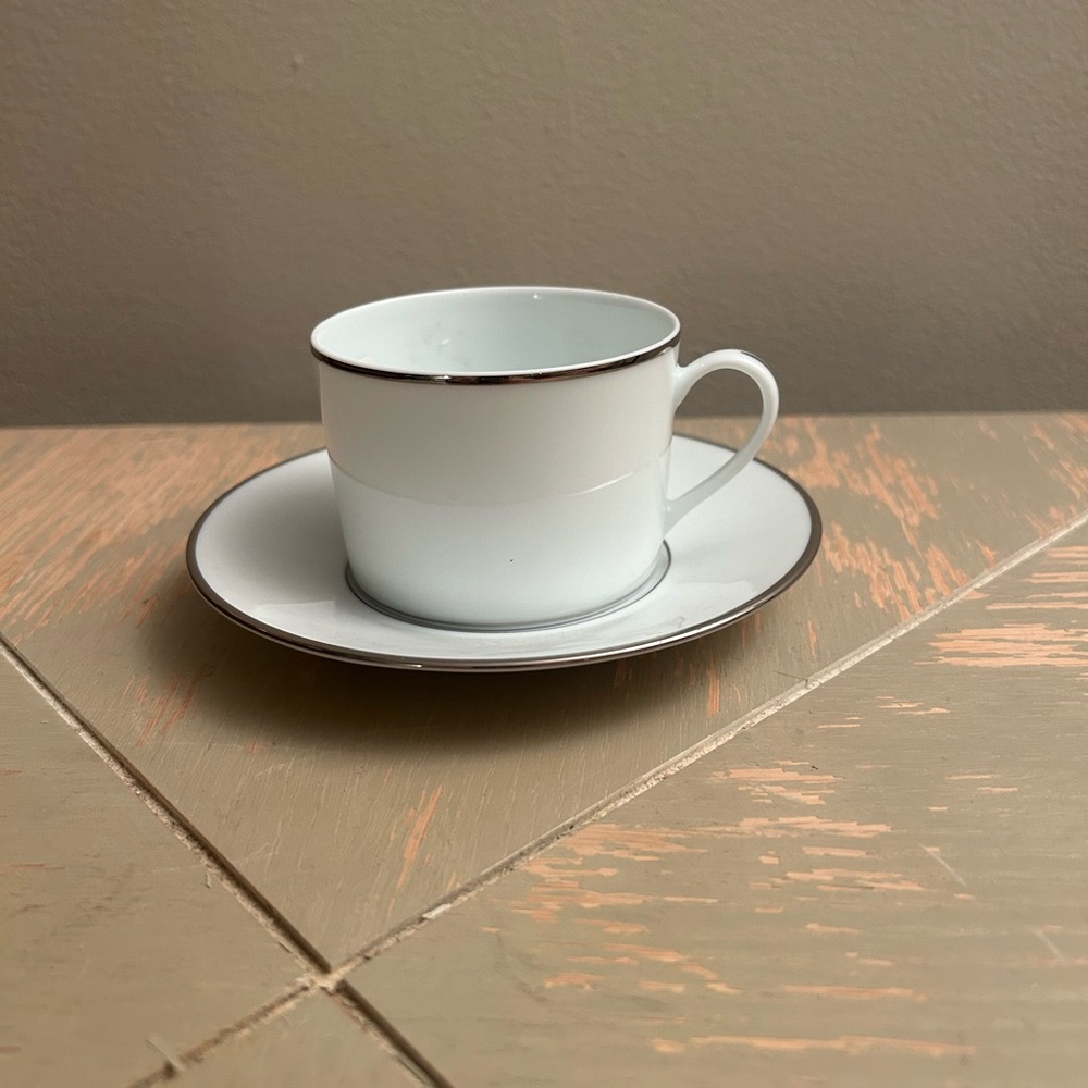 NWT Bernardaud Cristal Collection White Teacup with Silver Accent